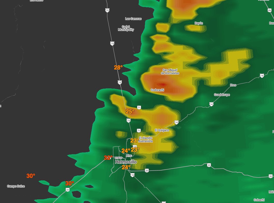 Imagen de radar, bandas de lluvia intensa al menos deben de durar 30 min, posteriormente una llovizna: