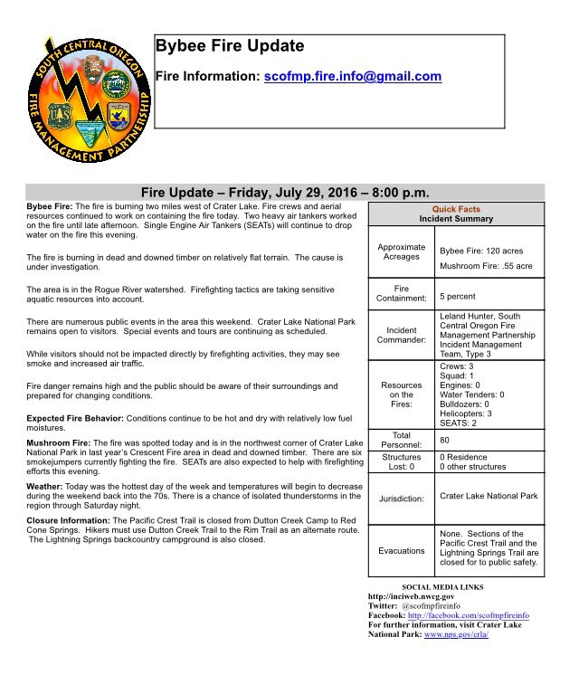 ForestServiceNW's tweet image. UPDATE-Bybee Fire in Crater Lake National Park grows to 120 acres, 5% contained. Park still open, PCT section closed