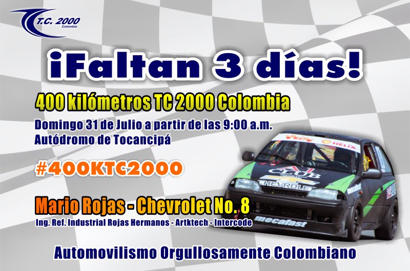 tc2000colombia's tweet photo. !Faltan 3 Días! #400KTC2000 @mariorojas2003 @mariavrojas2010 https://t.co/fYagvF7057