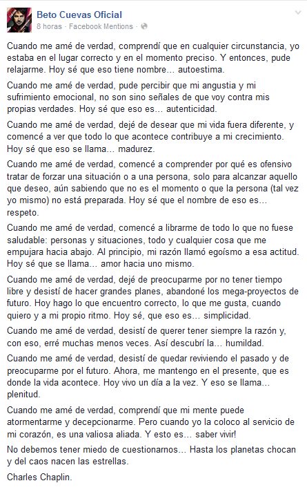 bc_arg's tweet photo. Hermosa reflexion de Betito en su pagina oficial de Facebook 😊❤️❤️ #betocuevas https://t.co/HZzPt7YHEB