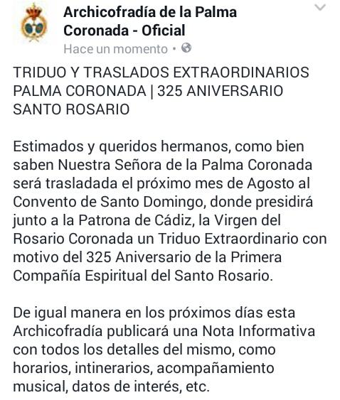 LaPalmaCadiz's tweet photo. TRIDUOS Y TRASLADOS EXTRAORDINARIOS - PALMA CORONADA | 325 ANIVERSARIO PRIMERA COMPAÑÍA ESPIRITUAL DEL SANTO ROSARIO https://t.co/bG5HFEAd7j