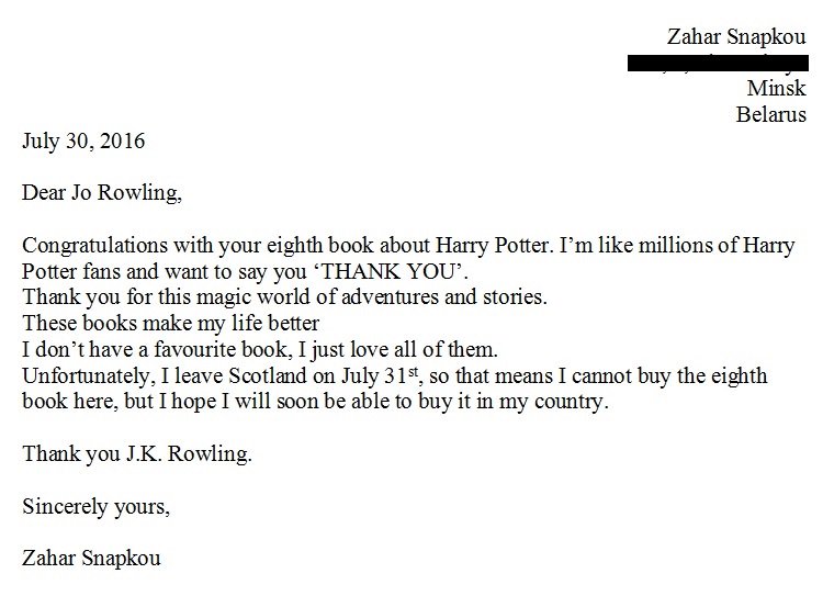PalmerstonHouse's tweet photo. Our student Zahar from Belarus wanted to congratulate @jk_rowling on her new book and thank her for #HarryPotter https://t.co/ktuoxgPqca