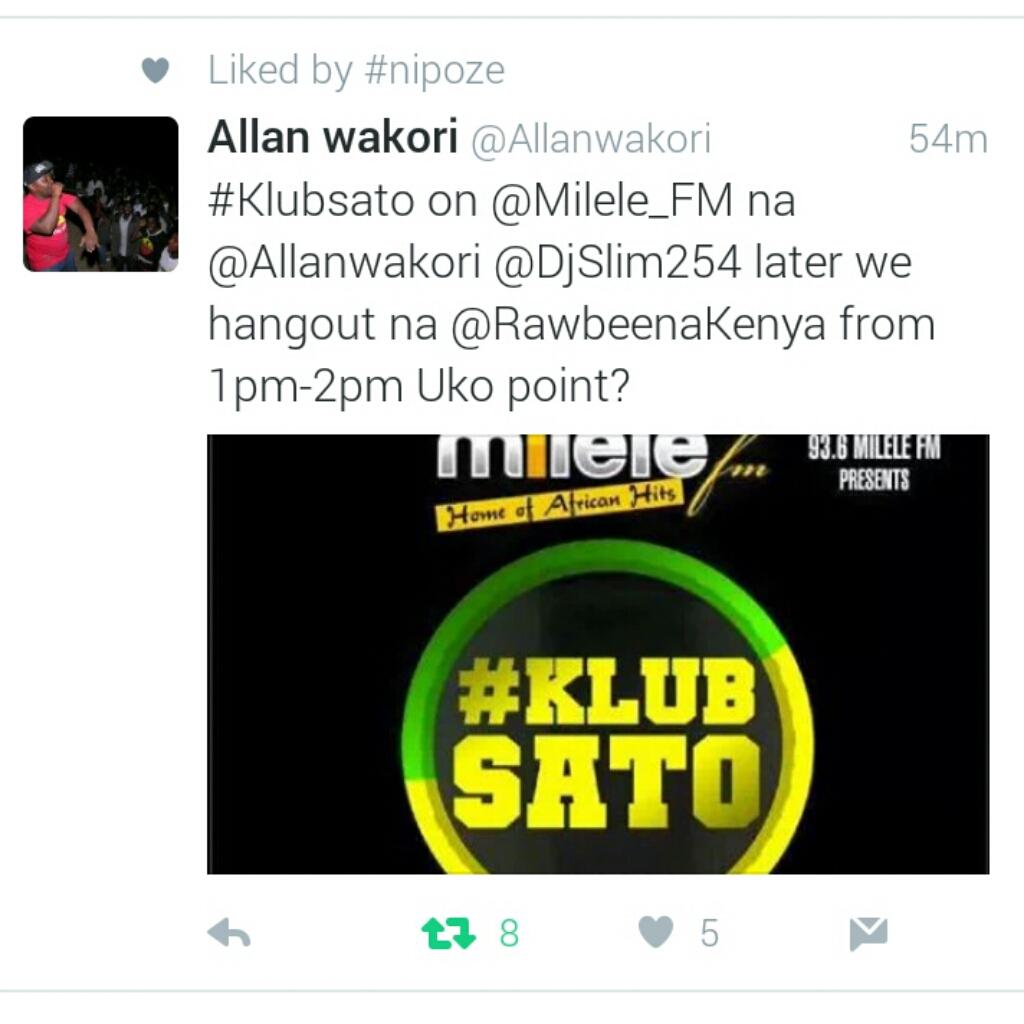 _PaulKip's tweet photo. #KLUBSATO @milele_fm @Allanwakori @djslim254 to Host the talented @RawbeenaKenya. New song #Nipoze cc @KenyanMusik https://t.co/CS9nT6Ozdn