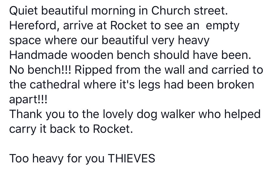 rocketfood's tweet photo. Devastated. #vandals &amp; #thieves damage our beautiful very heavy handmade oak bench in #ChurchStreet #Hereford https://t.co/rIWNiVBV8u