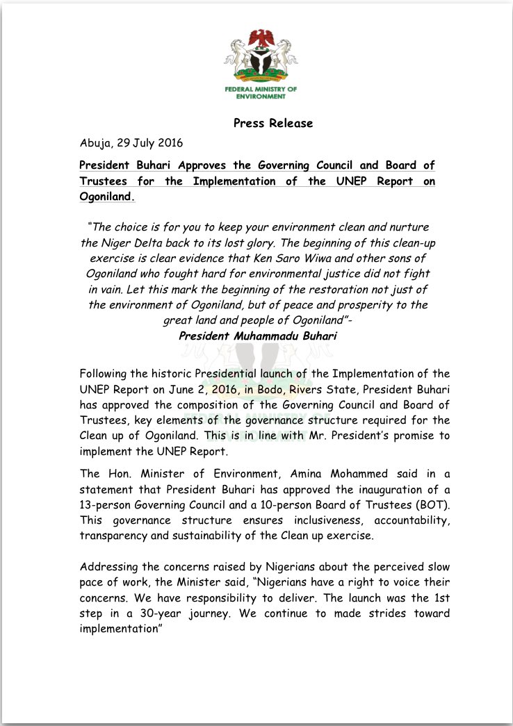 NDCleanUp's tweet photo. Pres @MBuhari has approved composition of Governing Council &amp; Board of Trustees for Ogoniland Report Implementation https://t.co/amD7CwUlrz