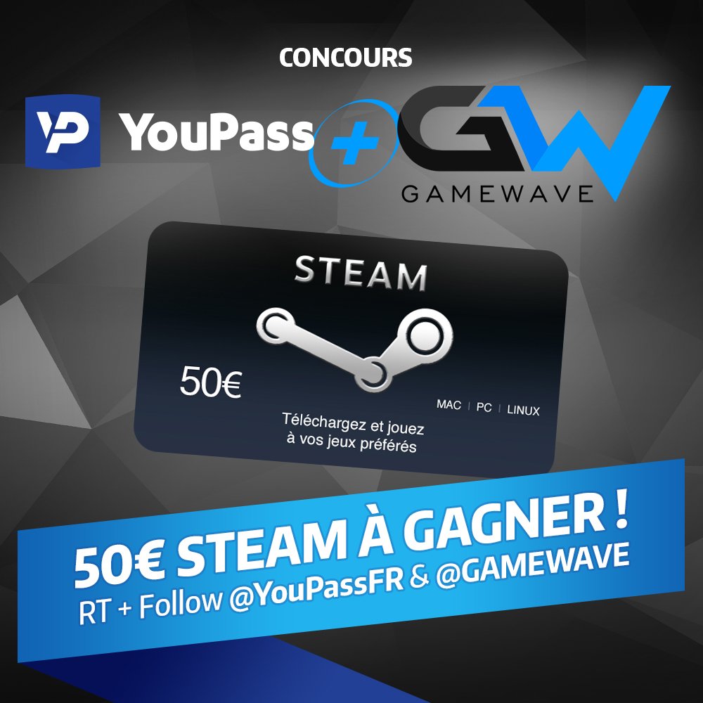 GAMEWAVE's tweet photo. #Concours : 50€ Steam à gagner !
RT + FOLLOW @YouPassFR et @GAMEWAVE ! https://t.co/Kowg8v5tG5