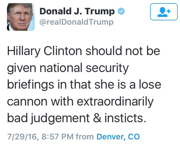 ColMoeDavis's tweet photo. Kremlin, Klan & Kook Kandidate @realDonaldTrump worries whether @HillaryClinton is suitable for NATSEC briefing https://t.co/QZuHF635xk