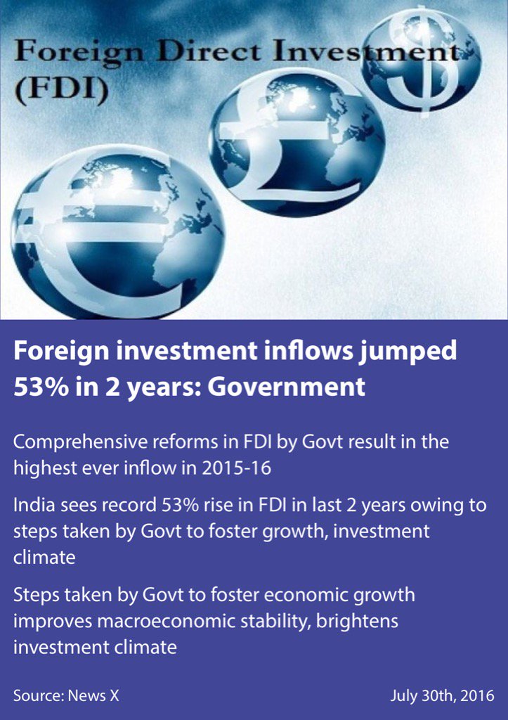 PMOIndia's tweet photo. Foreign investment inflows jumped 53% in 2 years. #TransformingIndia 
https://t.co/Db7I4nzrzS

via NMApp https://t.co/b0PanSpG25