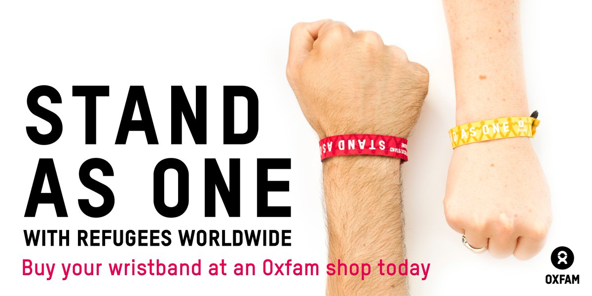 oxfamgb's tweet photo. We #StandAsOne with people forced to flee. Wristbands are available from your local shop to show your support too. https://t.co/yvibx6FcIB