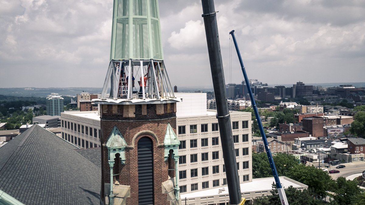 GeneraxFilm's tweet photo. Flying the #dji #inspire1raw #drone over Old St. George when they were placing the new steeples. #inspire1 https://t.co/u1ZtzlG5Ap