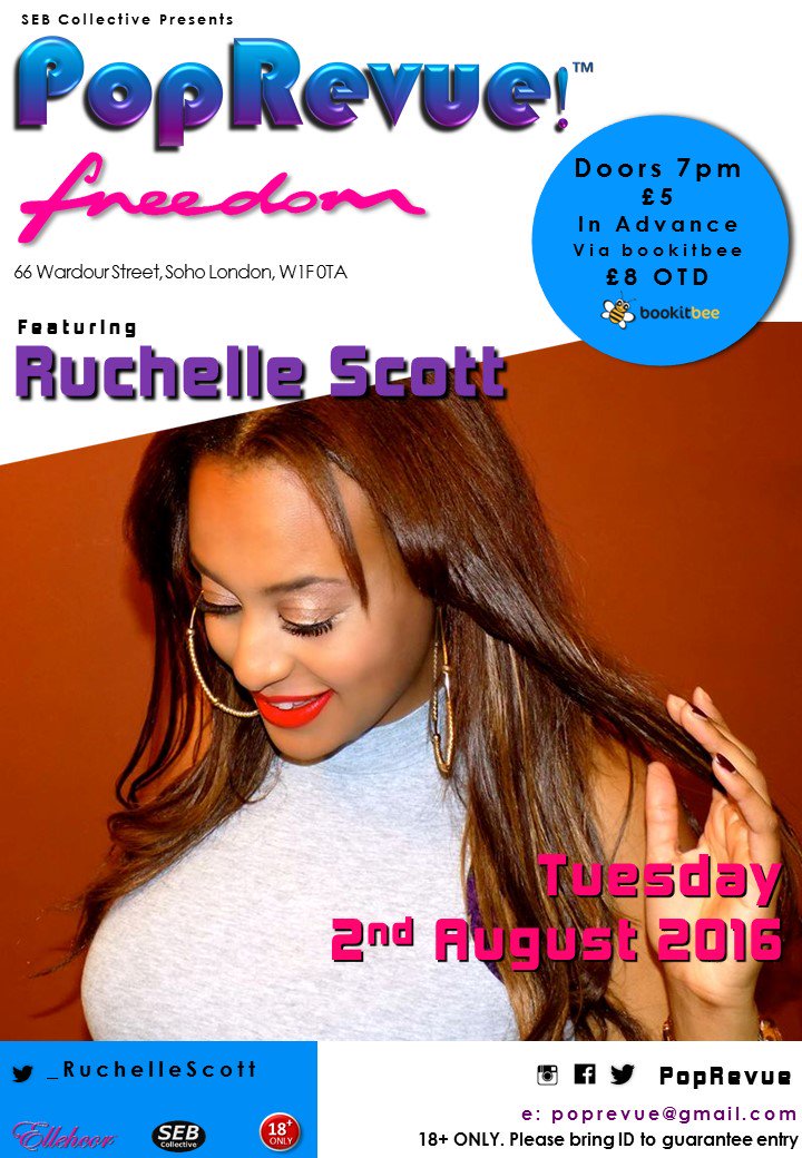 PopRevue's tweet photo. Get TKTs 2C @_RuchelleScott LIVE! @freedombarsoho 2Aug https://t.co/rHHHc80e9e https://t.co/97XaU1aoqy #sohomusic https://t.co/075ZS9qkX7