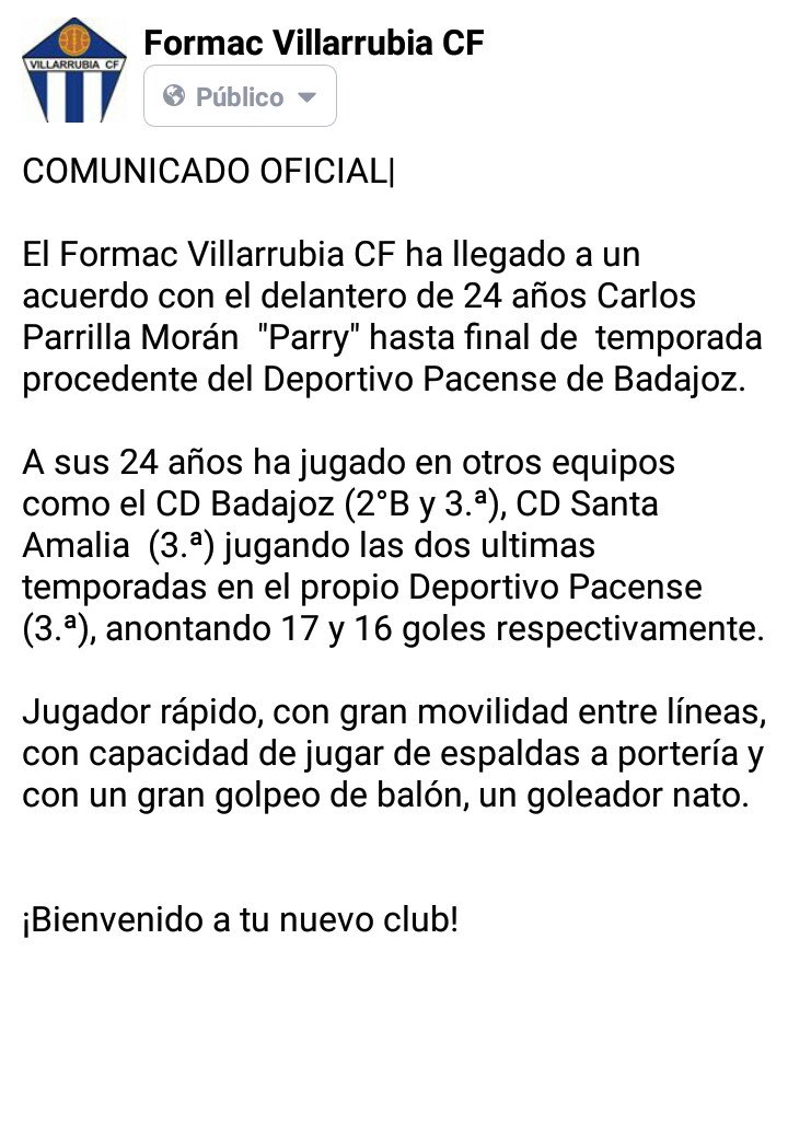 DeporteCLM's tweet photo. FÚTBOL |  @CParry04 nuevo jugador del @formacvillarrub 
https://t.co/fjXuqc6wXR
