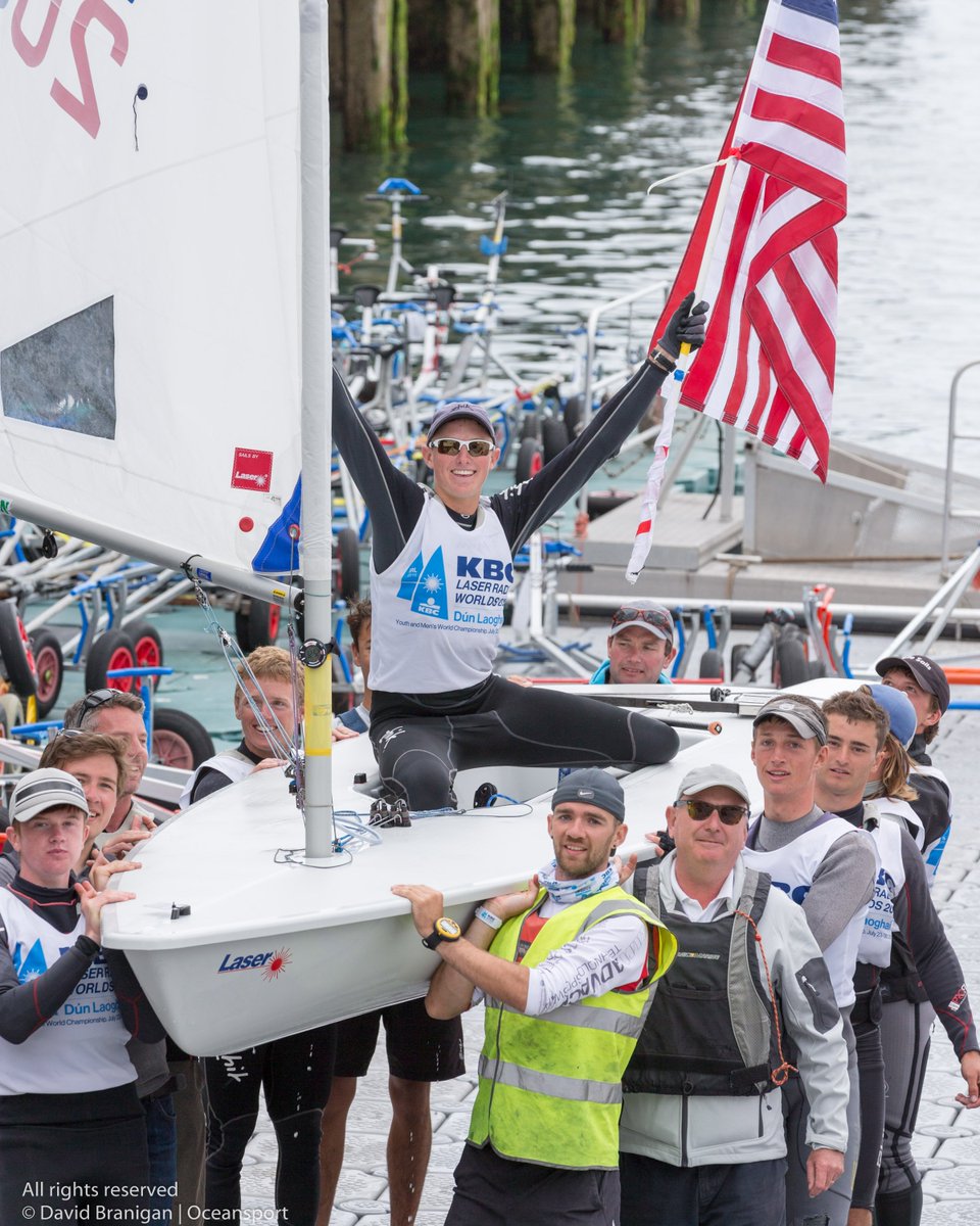 LaserWorlds2016's tweet photo. Top 2 Boys Henry Marshall (USA 209071) &amp; Ewan McMahon (IRL 210101) being hoisted up &amp; carried ashore! #KBCRadials16 https://t.co/5WYcJHGjhI