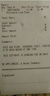 Mark_Schlabach's tweet photo. My buddy's bill for microwave repair. Read the comments section, @andystaples https://t.co/g52STRP6Od