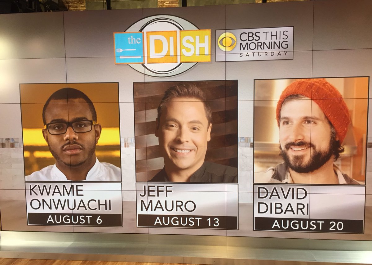AnthonyMasonCBS's tweet photo. Upcoming on #TheDish: 8/6 @ChefKwame, 8/13 @JeffMauro &amp; 8/20 @ChfDiBari on @CBSThisMorning Saturday https://t.co/TFBoykxGcN
