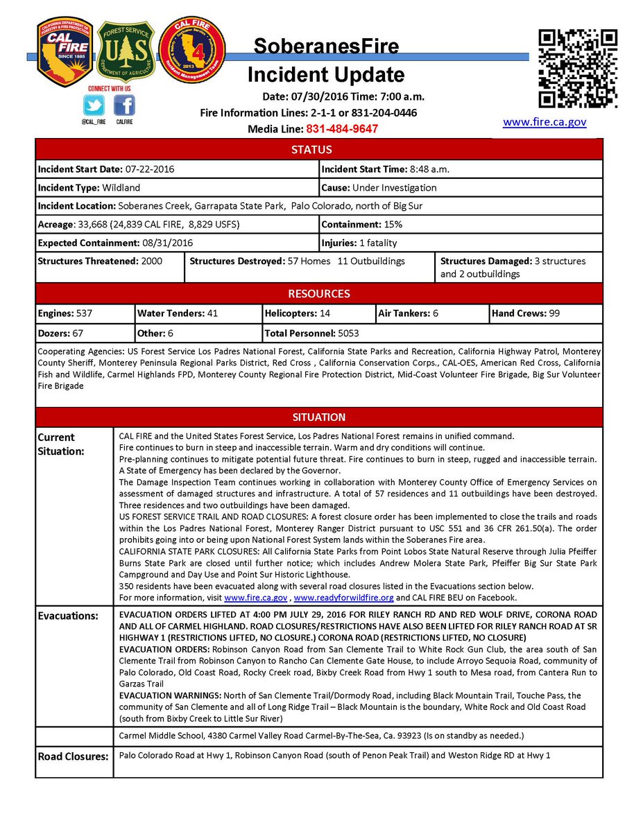 CALFIREBEU's tweet photo. #SoberanesFire July 30,2016 A.M. UPDATE https://t.co/p1ljnZepLu