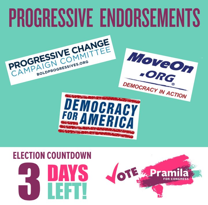 PramilaJayapal's tweet photo. Just 3 days left to VOTE for the candidate endorsed by the 3 largest progressive organizations in the country! https://t.co/p85bg6wICW