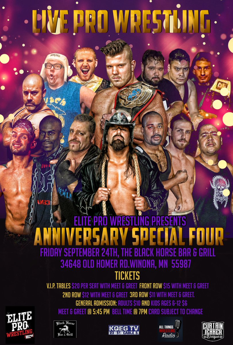 WRESTLING_EPW's tweet image. Join us September 24th at the Black Horse Bar &amp;amp; Grill in Winona, MN for our 4 Year Anniversary with James Storm!