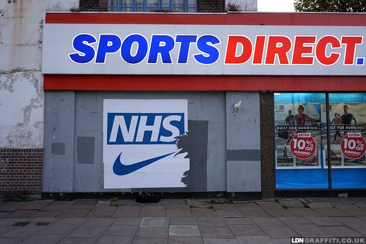 LDNGraffiti's tweet photo. #BuiltForRunning NHS #JustDoIt #SportsBangers #SportsDirect #London #StreetArt https://t.co/zDbZto70cK