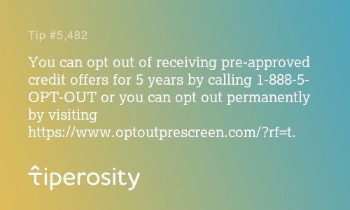 MoneyTipero's tweet photo. You can opt out of receiving pre-approved credit offers for 5 years by callin... #creditcarโฆ https://t.co/ZnD78EGVeV https://t.co/jm0xnOMaYj