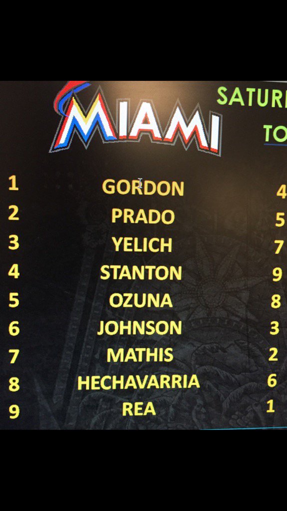 clarkspencer's tweet photo. No Ichiro. Rea making Marlins debut https://t.co/qOad2VZNyY