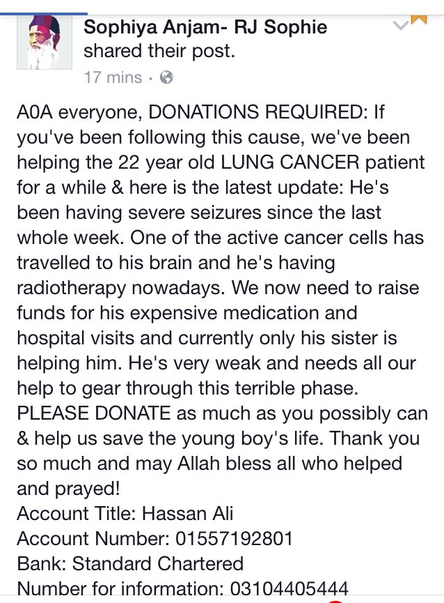SophiyAnjam's tweet photo. Please help us in raising funds for the treatment of a 22 year old CANCER patient from Lahore 🙏 #FightAgainstCancer https://t.co/Ot6Z5s0D7l