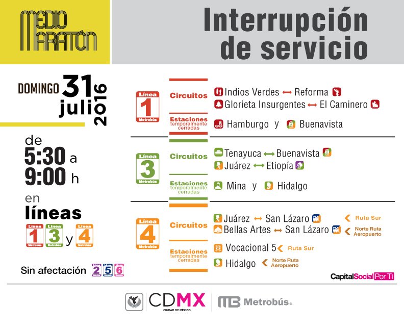 MetrobusCDMX's tweet photo. Mañana domingo 31 de julio se realizarán circuitos en líneas 1, 3 y 4 con motivo del medio maratón.Tome previsiones https://t.co/B5CujVPzPe