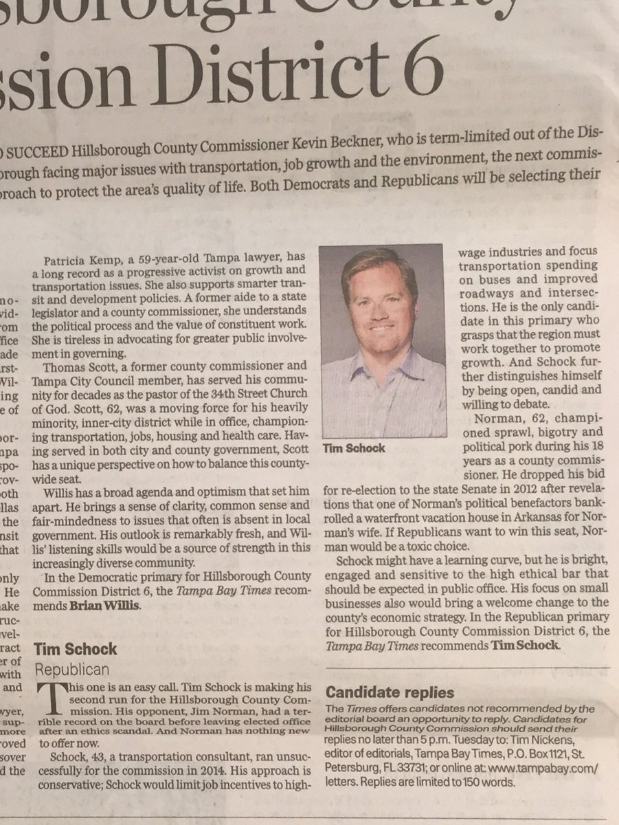 Schock2016's tweet photo. Thanks to @tampabaytimes and @LaGacetaYbor for endorsing #Schock2016 in the #Hillsborough District 6 primary. https://t.co/pHl2slxqyn