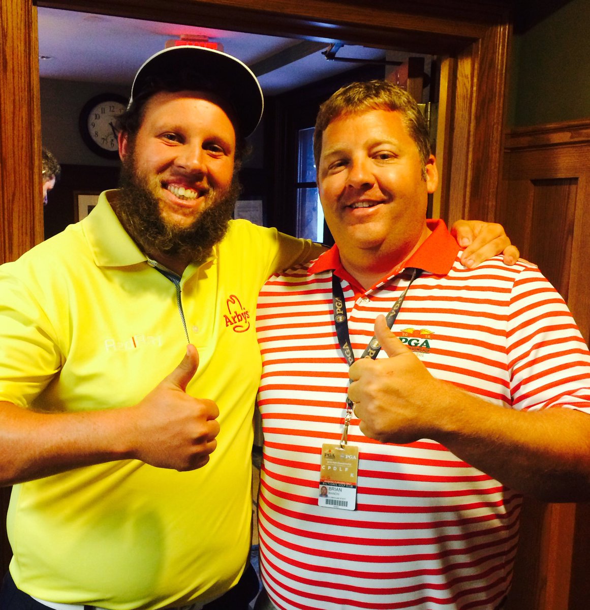 TheBrianBianchi's tweet photo. Wet day at the PGA championship. Make time for new friends. #beef https://t.co/AHiP1igU5C