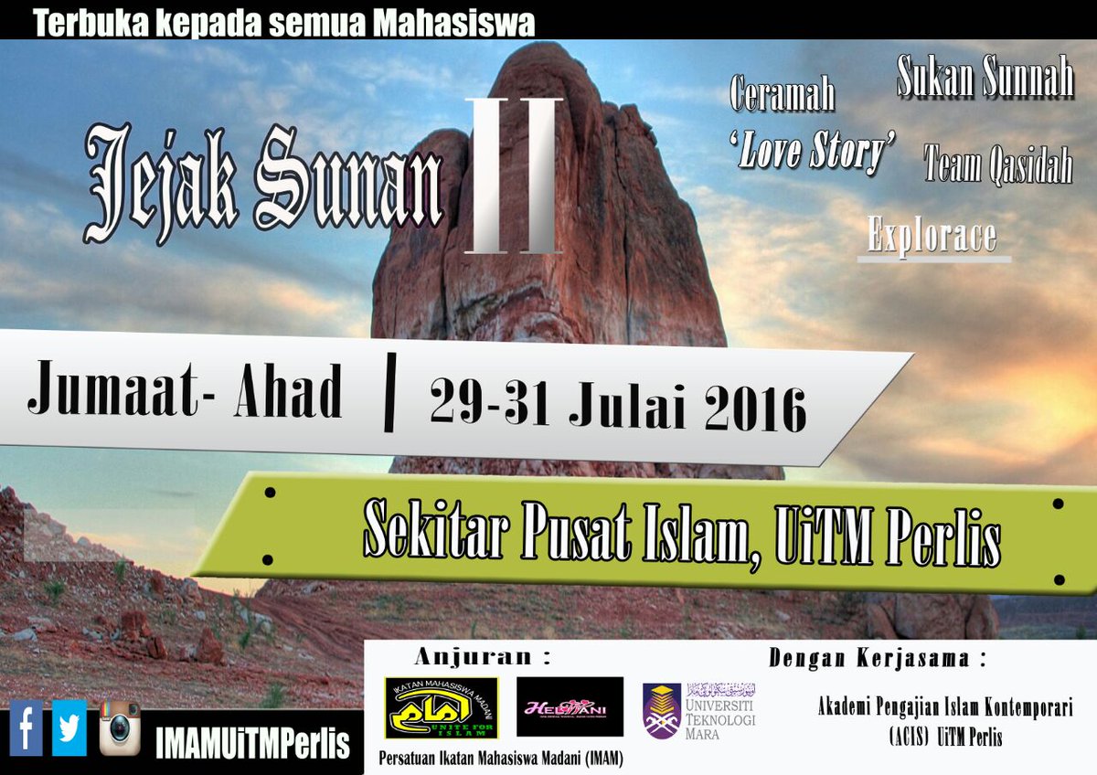 IMAM_UiTMPerlis's tweet photo. 🔊🔊🔊
Assalamualaikum.
Hari terakhir untuk Jejak Sunan ||.
Mari berexplorace,kuatkn ukhwah sesama islam.
Masa:7.30a.m. https://t.co/lqyof7VfuV