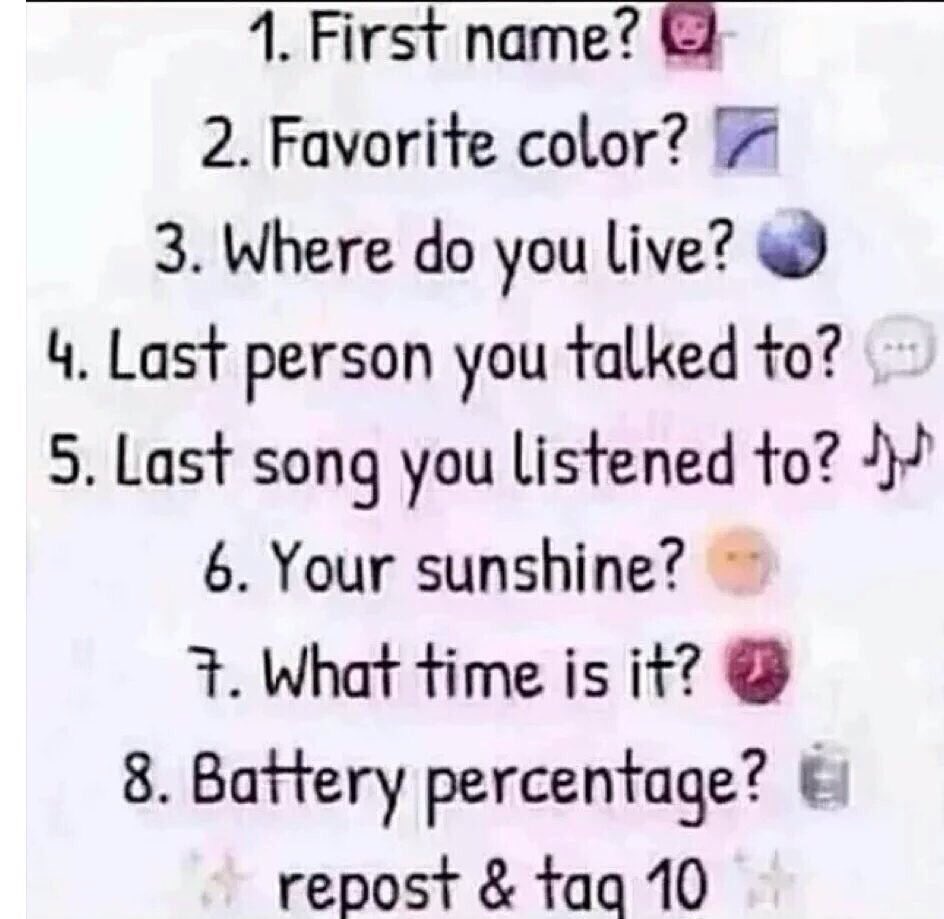 1. Dea 
2. Blue
3. California
4. @AiboriRibon 🎀
5. I did by Jeremih
6. <a href="/SureiyaNoHiRyu/">Natsu Dragneel</a> ❤️
7. 3:50 pm
8. 57%