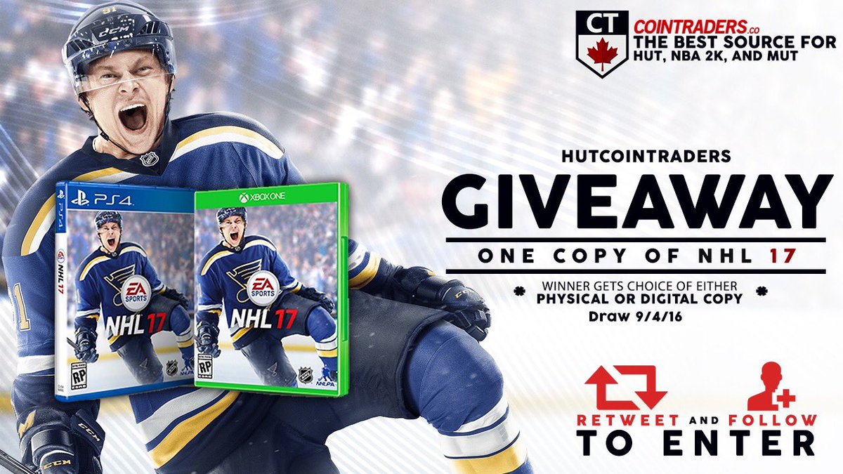 hutcointraders's tweet photo. NHL17 GIVEAWAY!
Winner chooses Physical or Digital Copy! 
To enter, Retweet and Follow @hutcointraders 
Draw 9/4/16 https://t.co/2TzfbYdr7H