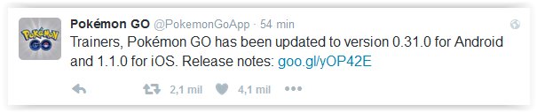 Pokemon_Go_Bras's tweet photo. Nova atualização de Pokémon Go
0.31.0 para Android
e
1.1.0 para iOS
#WeWantPokemonGOForBrazil #POKEMONGONOBRASILHOJE https://t.co/C8KlSvJ88m