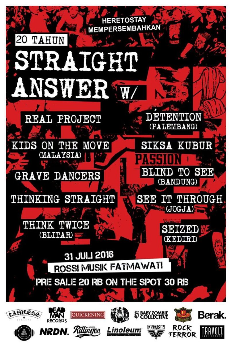 Sore ini.. 20 tahun STRAIGHT ANSWER @ Rossi Music, dengan line up yg super pecahh!!