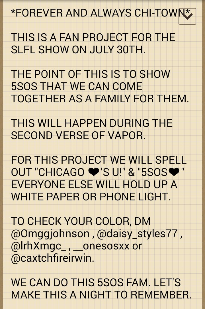 SLFLChiProject's tweet photo. We're all very upset. @5SOS , you might as well know. This is what we wanted to do for you #SLFLTinleyPark https://t.co/yO2325hhyl