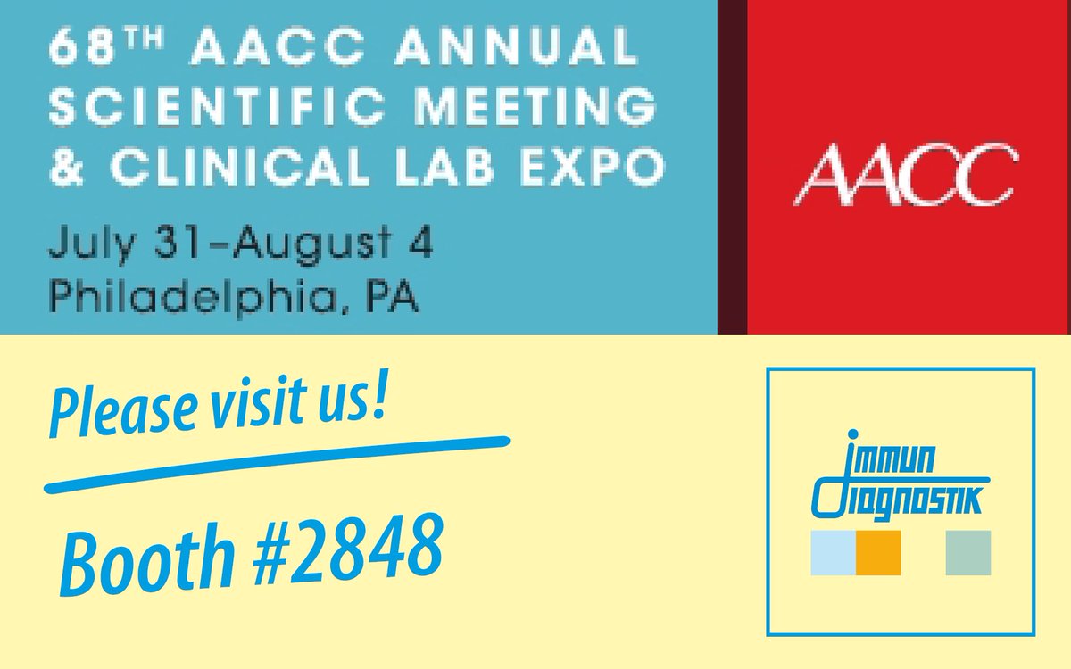 Immundiagnostik's tweet photo. In our way to #2016AACC!
Visit our booth 2848 @_AACC and ask for #quantoncal or #vedolizumab #elisa https://t.co/XfrshtxZEb