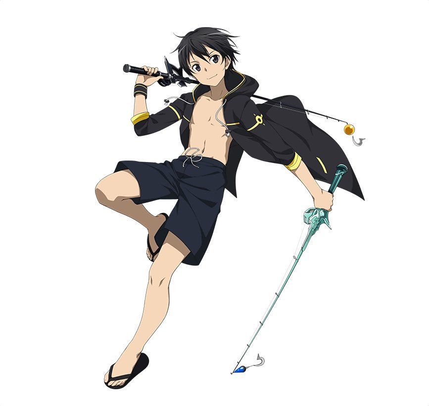 Kirito in his swimsuit with Dual Rods in Code Register.