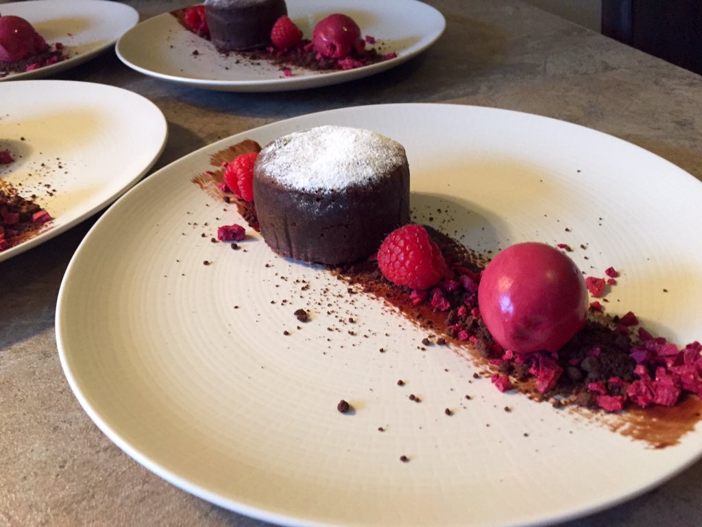 mikebinnington's tweet image. Dessert from last night's private dinner, hot chocolate fondant, chocolate soil, English raspberry... xx