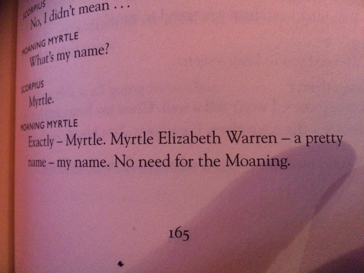 Another (sneaky) reason to love Myrtle!  <a href="/SenWarren/">Elizabeth Warren</a> <a href="/jk_rowling/">J.K. Rowling</a> #moaningmyrtle #HarryPotterAndTheCursedChild