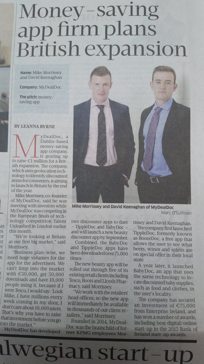 FinTechIreland's tweet photo. Not strictly #Fintech but #tech which helps folk save dosh have our interest. @MyDealDoc, Dublin gearing up for UK. https://t.co/xtfe5ON6Ak