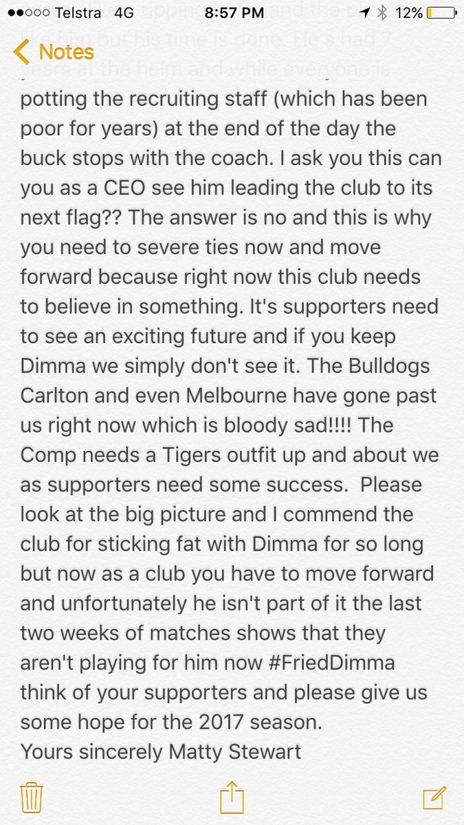 StewartMatty's tweet photo. Page 2 of 2 an open letter to @brendongale25 @Richmond_FC @DanTehanWannon a long time loyal supporter 💛💛💛 https://t.co/D8HcZkPY3E