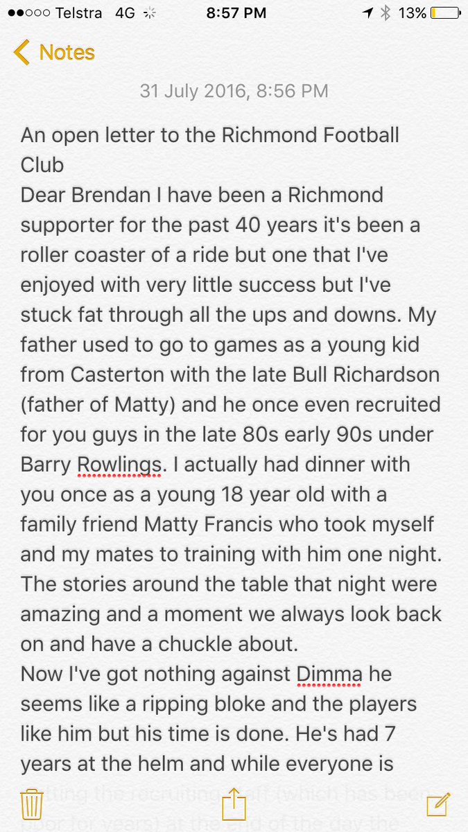 StewartMatty's tweet photo. Page 1 of 2 an open letter to @brendongale25 @Richmond_FC @DanTehanWannon from a long time supporter 💛💛💛 https://t.co/o8xjvs5tyO