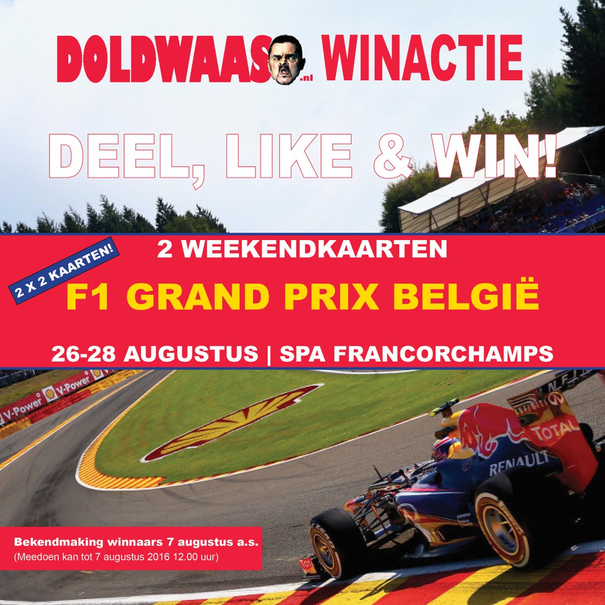 doldwaas's tweet photo. Doldwaze Winactie: Win 2x2 kaarten voor de #F1 GP van België met Max #verstappen ga naar: https://t.co/0YBUtCaTRE https://t.co/6ZcCH83eoC