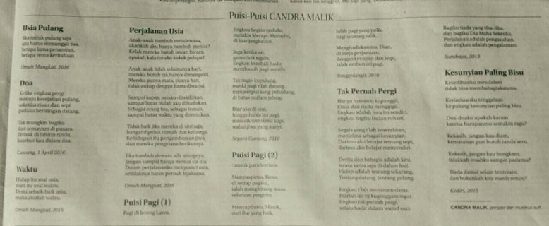 Puisi-puisi Gus <a href="/CandraMalik/">Candra Malik</a> di Jawa Pos edisi Minggu 31 Juli 2016.