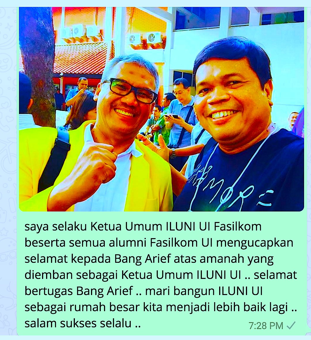 selamat untuk <a href="/arief2iluni/">Arief Budhy Hardono</a> atas amanah yang diemban sebagai ketua umum <a href="/ILUNI__UI/">ILUNI UI</a> <a href="/univ_indonesia/">UniversitasIndonesia</a>