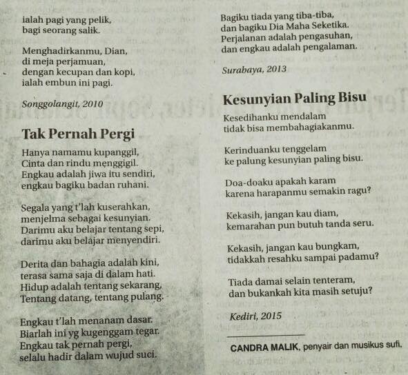 Puisi-puisi Gus <a href="/CandraMalik/">Candra Malik</a> di Jawa Pos edisi Minggu 31 Juli 2016.