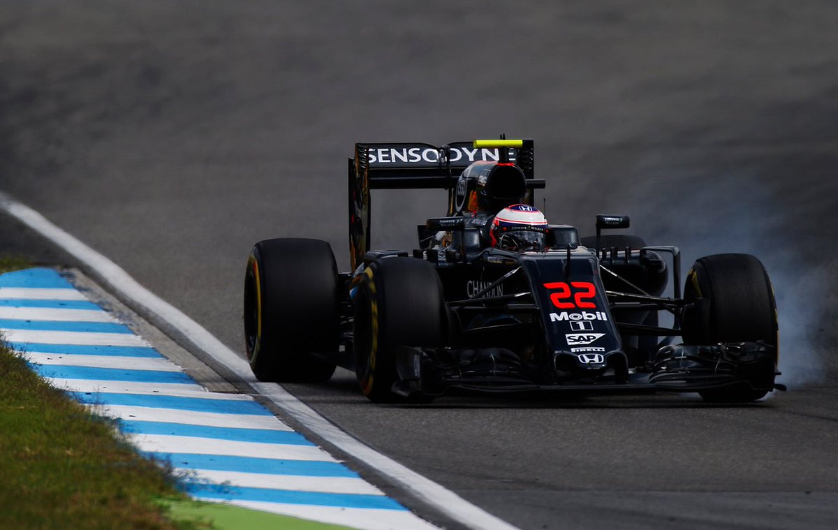 McLarenF1's tweet photo. Jenson P8 and Fernando P12 cross the line to bring home some points from the #GermanGP. 🏁 https://t.co/rqZu1CAUFV