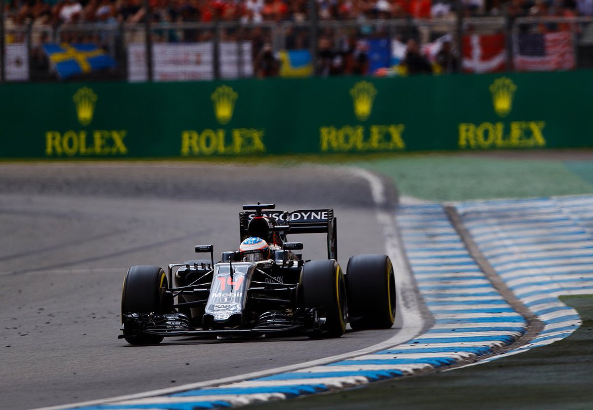 McLarenF1's tweet photo. Jenson P8 and Fernando P12 cross the line to bring home some points from the #GermanGP. 🏁 https://t.co/rqZu1CAUFV