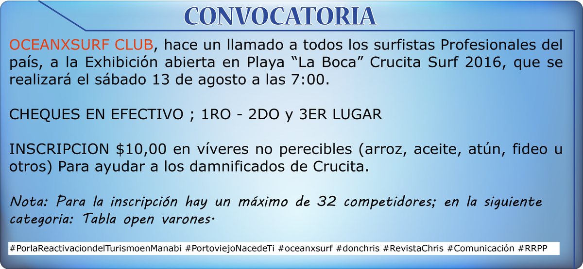 chrisrevista's tweet photo. Se hace un llamado a todos los surfistas Profesionales del país
#PortoviejoNacedeTi #donchris #RevistaChris #RRPP https://t.co/vJNhCbuJw8