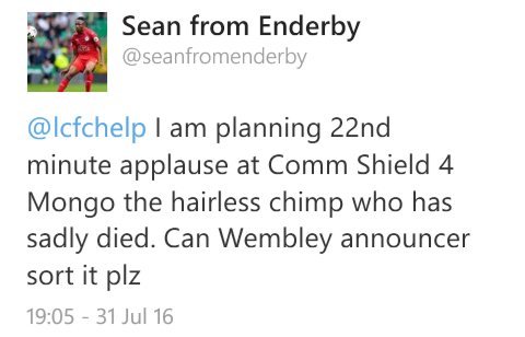 seanfromenderby's tweet image. Ok can everybody RT this plz. Its the least fans of #LCFC n @twycrosszoo can do 4 Mongo The Hairless Chimp #RIPMongo